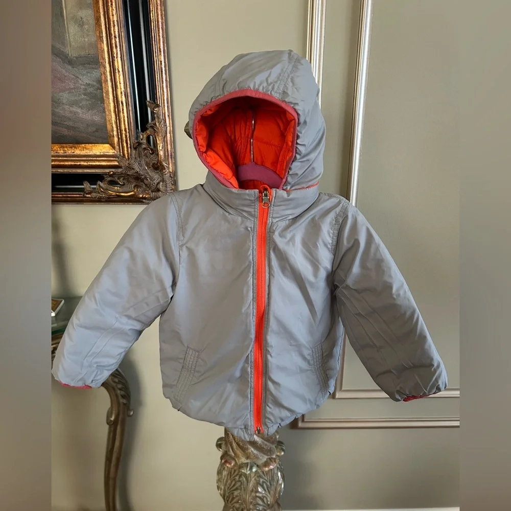 Baby Gap Reversible Orange Gray Puffer Jacket Hooded Winter Coat Toddler 3T